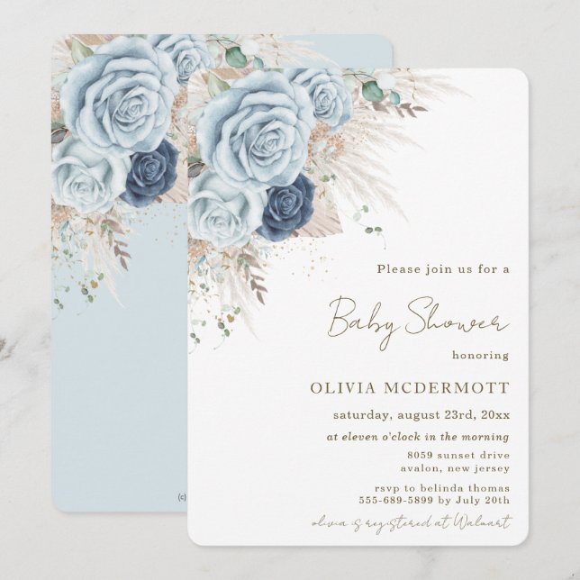 Invitation Boho Pampas Rustique Baby shower floral bleu doux (Devant / Derrière)