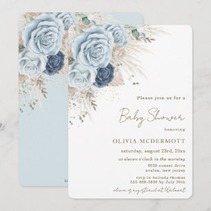 Invitation Boho Pampas Rustique Baby shower floral bleu doux