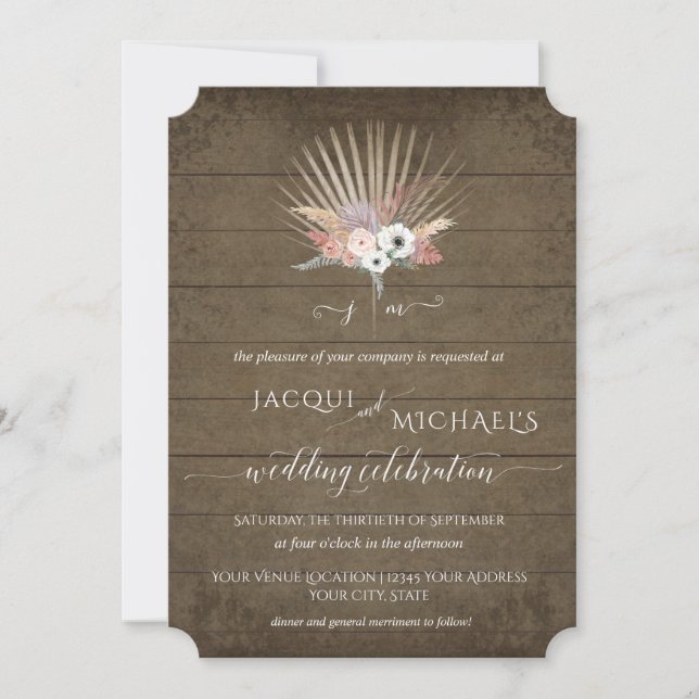 Invitation BOHO Pampas Rustique Bois Blanc Floral Palmier Tro (Devant)
