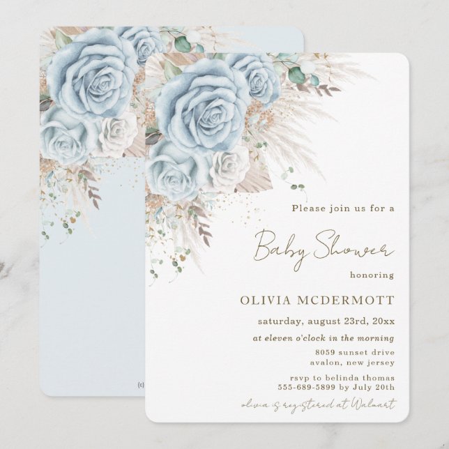 Invitation Boho Pampas Rustique Pastel Baby shower Floral Ble (Devant / Derrière)