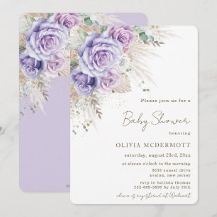 Invitation Boho Pampas Rustique Purple Floral Girl Baby showe