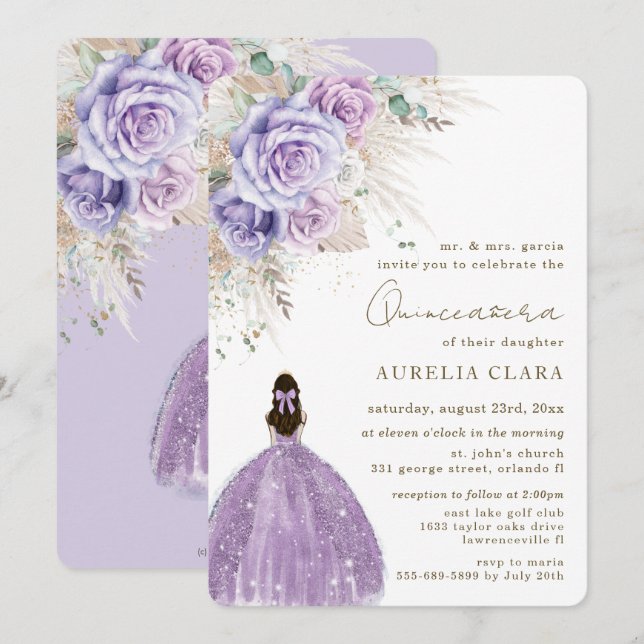 Invitation Boho Pampas Rustique Purple Floral Quinceañera (Devant / Derrière)