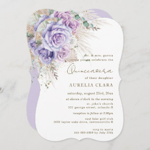 Invitation Boho Pampas Rustique Purple Lilac Floral Quinceañe