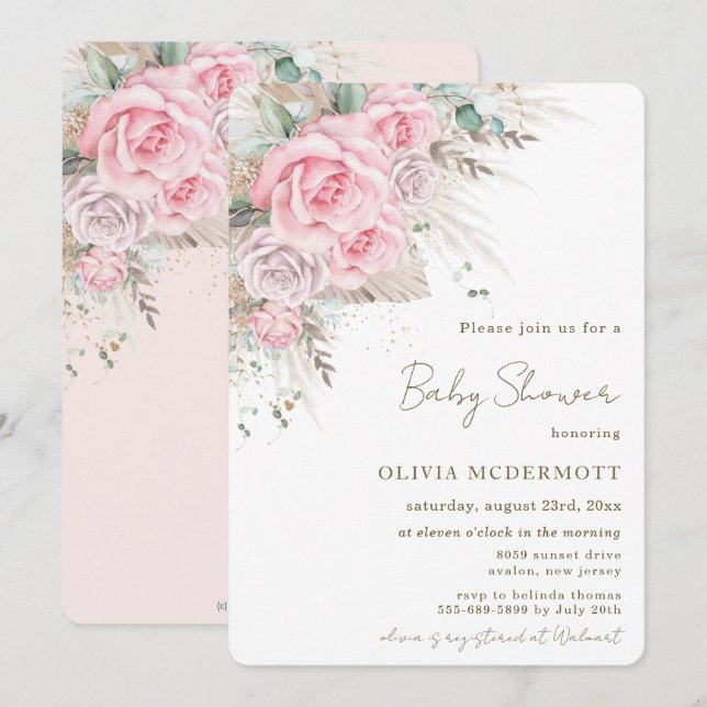 Invitation Boho Pampas Rustique rose Floral Baby shower fille (Devant / Derrière)