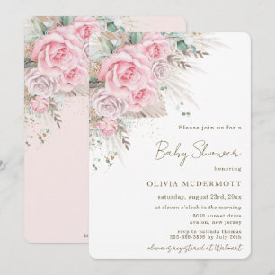 Invitation Boho Pampas Rustique rose Floral Baby shower fille