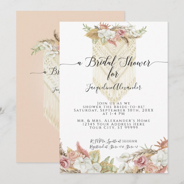 Invitation Boho Pampas Tropical Grass Fête des mariées Floral (Devant / Derrière)