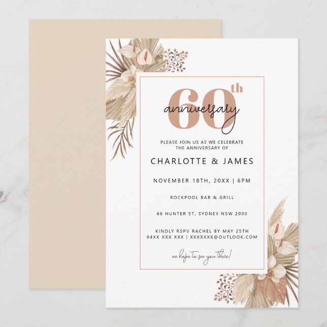 Invitation Boho Pampass Grass 60e anniversaire de mariage (Devant / Derrière)