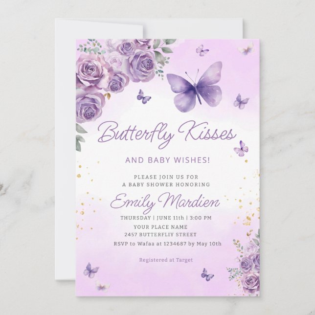 Invitation Boho papillon pourpre Floral Baby Girl Baby shower (Devant)