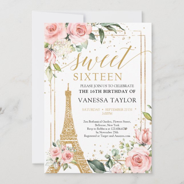 Invitation Boho Paris Eiffel vert floral clair or 16e (Devant)