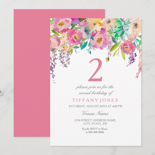 Invitation Boho Pastel Aquarelle Fleurs 2e fête d'anniversair (Devant / Derrière)