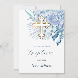 Invitation Boho Pastel Baptême Bleu