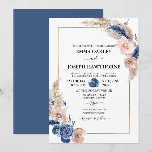 Invitation Boho pastel bleu & brush choral Mariage Invit (Devant / Derrière)
