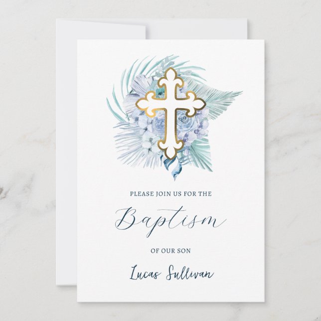 Invitation Boho Pastel Bouquet Bleu Baptême (Devant)
