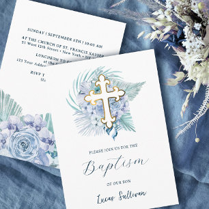 Invitation Boho Pastel Bouquet Bleu Baptême