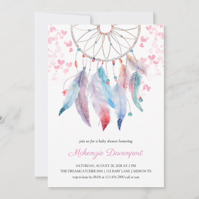 Invitation Boho Pastel Feathers Dreamcatcher Girl Baby shower (Devant)