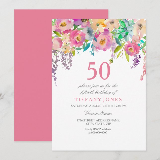 Invitation Boho Pastel Fleurs aquarelles 50e fête d'anniversa (Devant / Derrière)