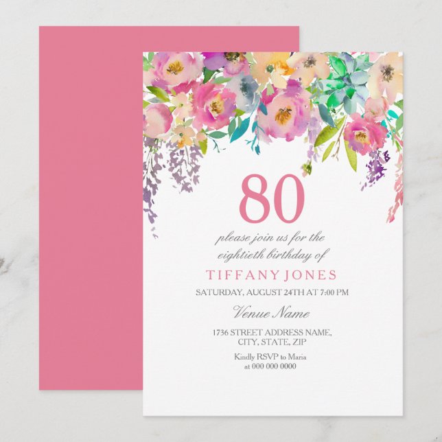 Invitation Boho Pastel Fleurs d'aquarelle 80e fête d'annivers (Devant / Derrière)