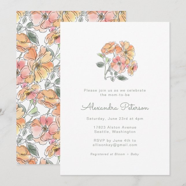 Invitation Boho Pastel Peach Aquarelle Baby shower Floral (Devant / Derrière)