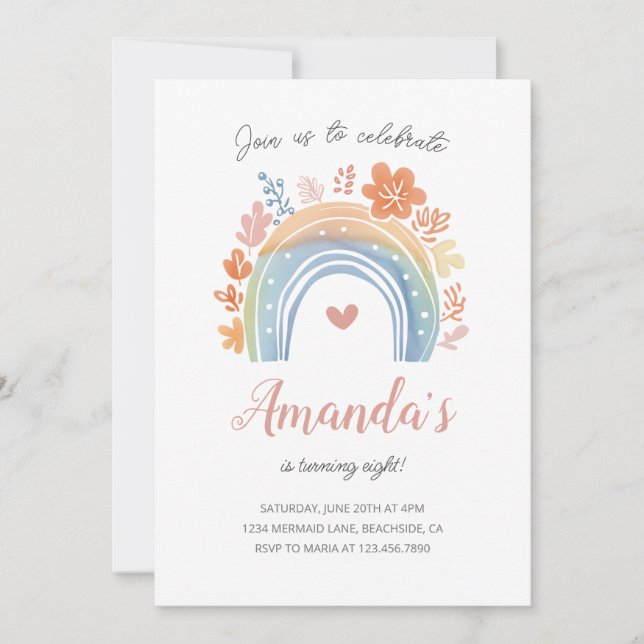 Invitation Boho Pastel Rainbow Girl's Birthday Party (Devant)