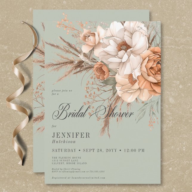 Invitation Boho Peach & Cream Floral Green Fête des mariées (Boho Peach & Cream Floral Green Bridal Shower Invitation)