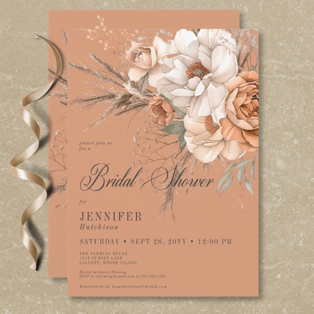 Invitation Boho Peach & Cream Floral Rust Fête des mariées (Boho Peach & Cream Floral Rust Bridal Shower Invitation)