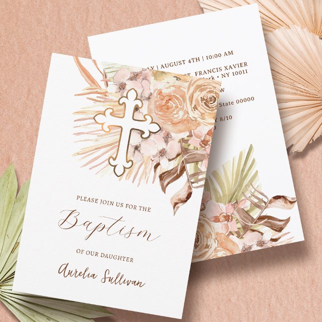 Invitation Boho Peach Flowers Baptême (Créateur téléchargé)