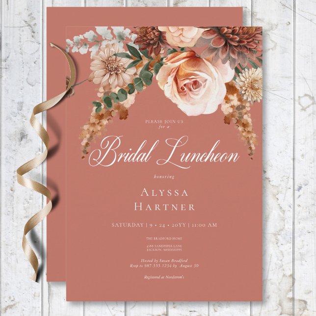 Invitation Boho Peach & Rust Floral Rust Bridal Luncheon (Boho Peach & Rust Floral Rust Bridal Luncheon Invitation)