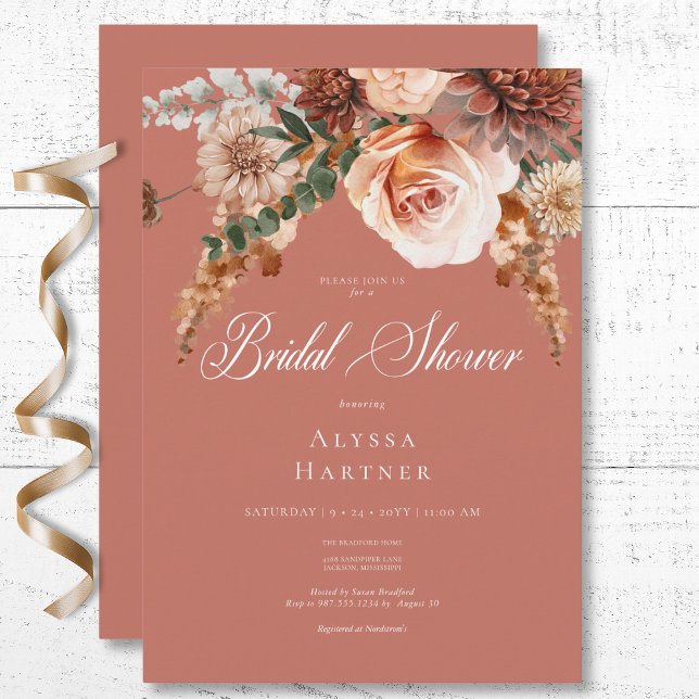 Invitation Boho Peach & Rust Floral Rust Fête des mariées (Boho Peach & Rust Floral Rust Bridal Shower Invitation)