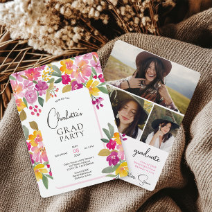 Invitation Boho Peint à la main Boho Floral 3-Photo Graduatio