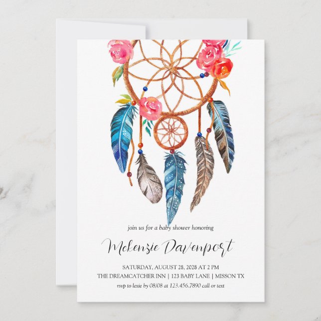 Invitation Boho peony Floral Dreamcatcher Baby shower (Devant)