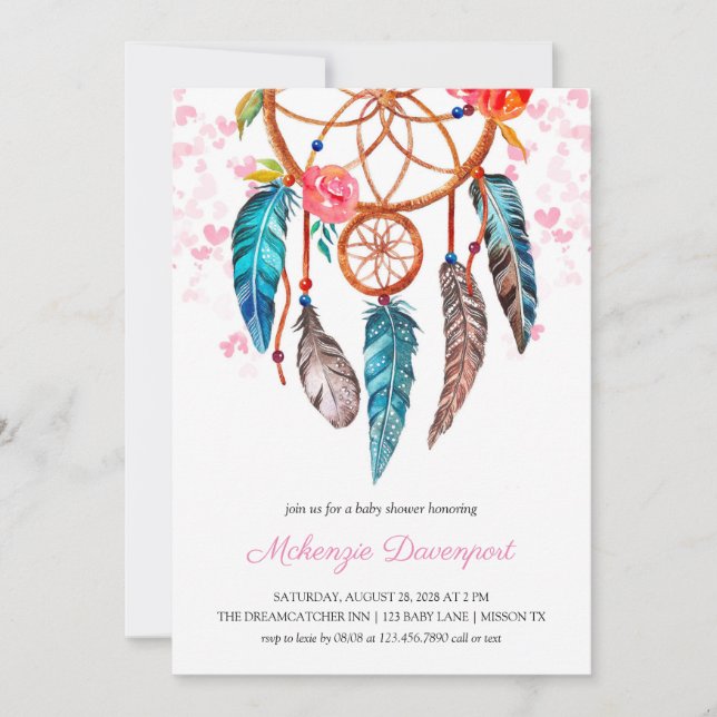 Invitation Boho peony Floral Dreamcatcher Girl Baby shower (Devant)