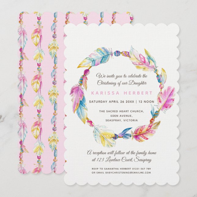 Invitation Boho perles de plume aquarelle rose christening (Devant / Derrière)