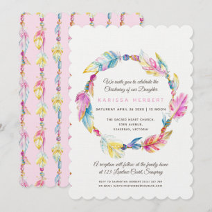 Invitation Boho perles de plume aquarelle rose christening