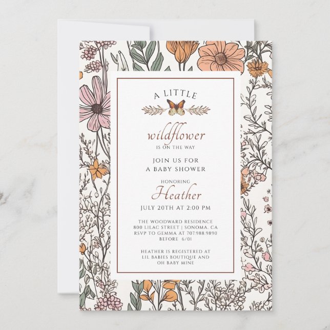 Invitation Boho Petit Fleur sauvage Sur Le Chemin Baby shower (Devant)