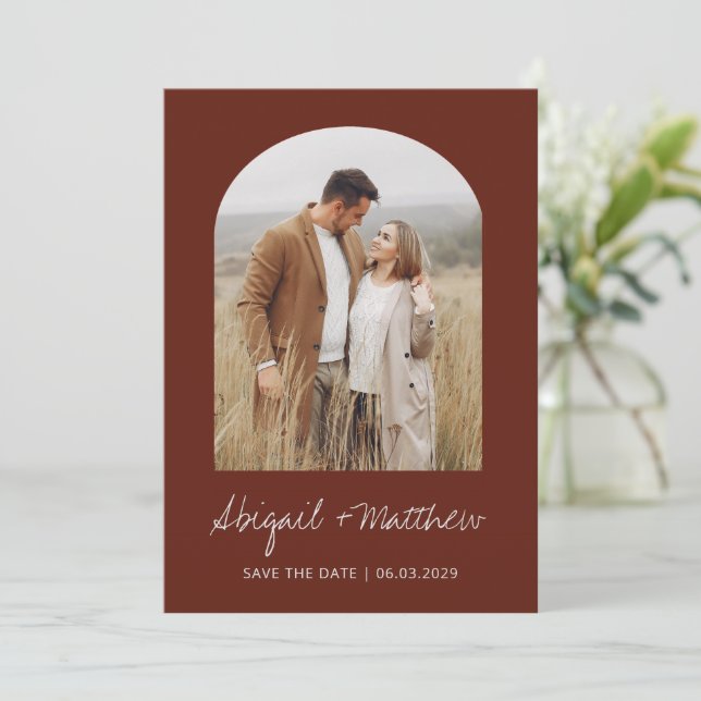 Invitation Boho Photo Arche Save The Date Terracotta  (Debout devant)