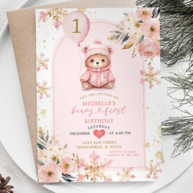 Invitation Boho Pink Beary Premier hiver Anniversaire Floral (Créateur téléchargé)