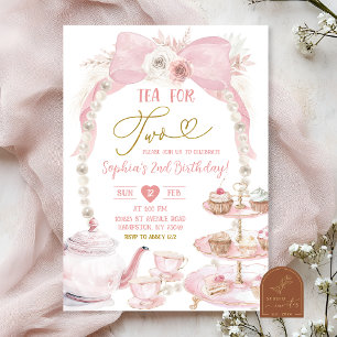 Invitation Boho Pink Bow Pearl Thé pour deux Anniversaire