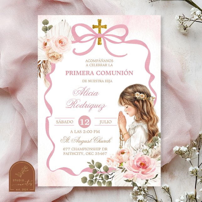 Invitation Boho Pink Coquette Pampass Grass First Holy Commun (Créateur téléchargé)