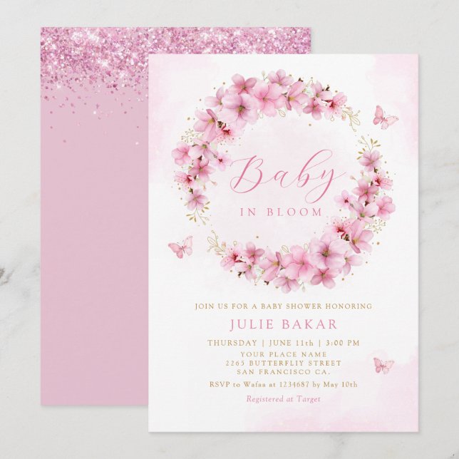 Invitation Boho Pink Floral Baby in Bloom Girl Baby shower (Devant / Derrière)