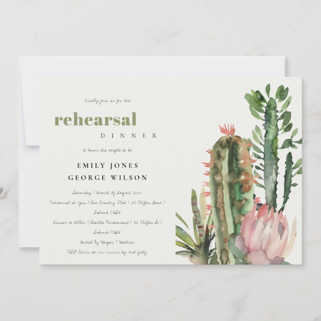 INVITATION BOHO PINK FLORAL CACTI FOLIAGE RÉPÉTITION DÎNER (Devant)