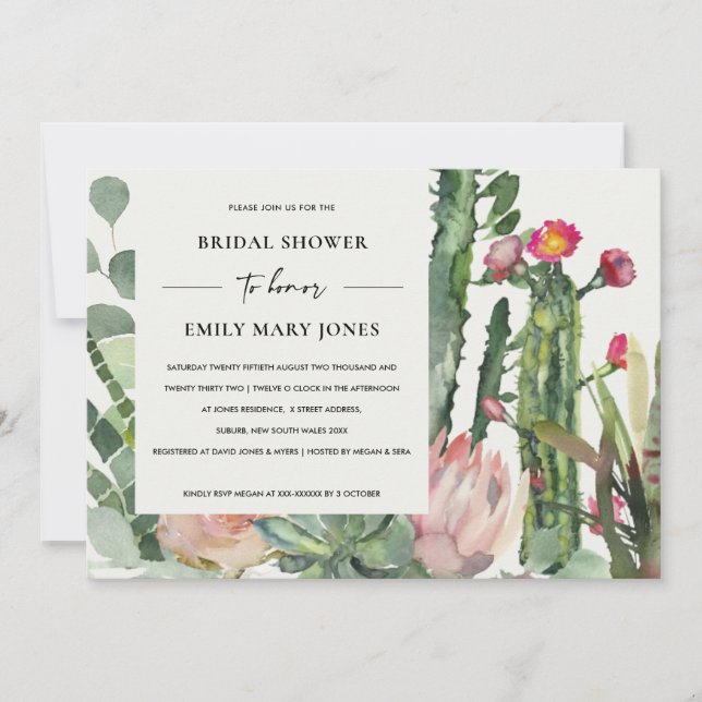 INVITATION BOHO PINK FLORAL CACTUS FOLIAGE FÊTE DES MARIÉES (Devant)