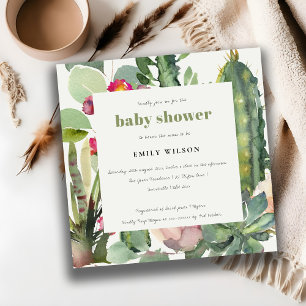 INVITATION BOHO PINK FLORAL DESERT CACTI FOLIAGE BABY SHOWER