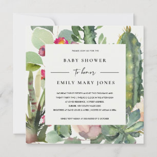 INVITATION BOHO PINK FLORAL DESERT CACTI FOLIAGE BABY SHOWER