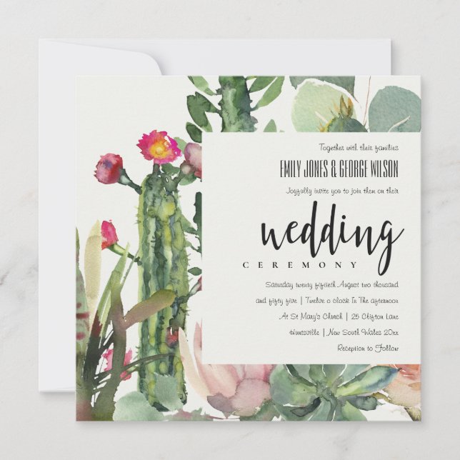 INVITATION BOHO PINK FLORAL DESERT CACTI FOLIAGE MARIAGE (Devant)