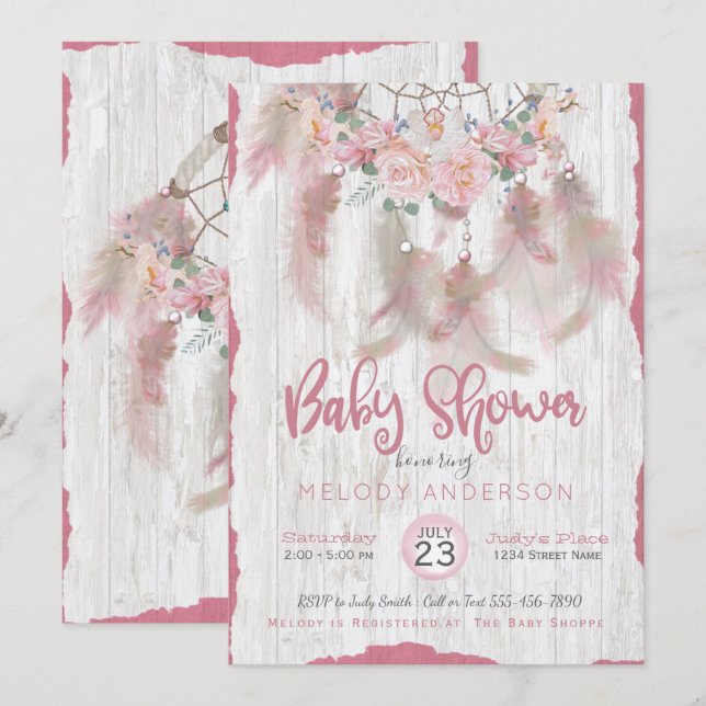 Invitation BOHO Pink Floral DreamCatcher Baby shower tribal (Devant / Derrière)