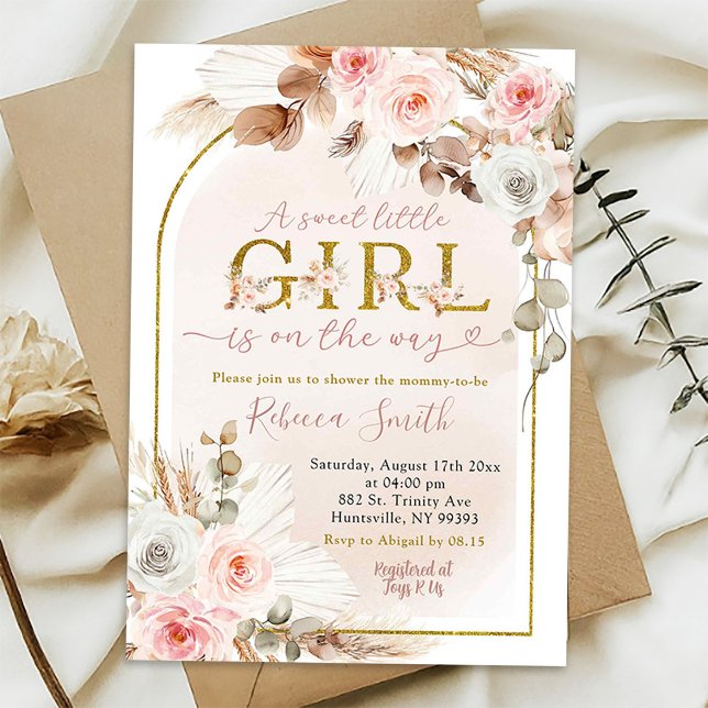 Invitation Boho Pink Girl Pampas Baby shower d'automne en her (Créateur téléchargé)