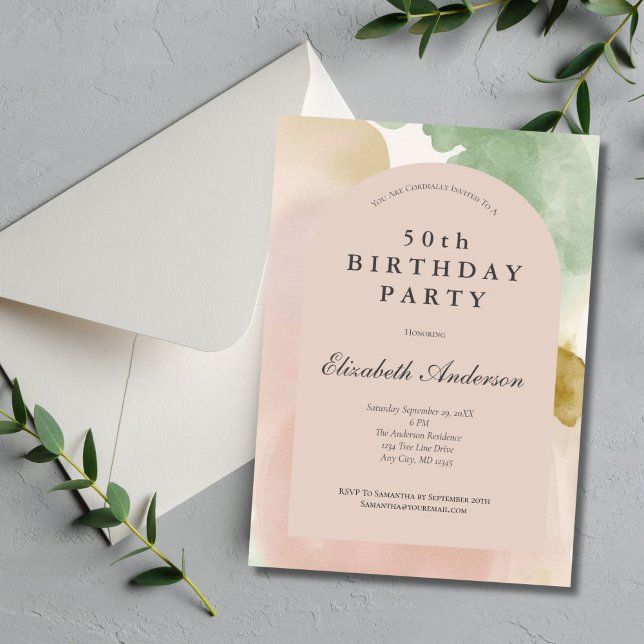 Invitation Boho Pink Green Gold Arc moderne 50e anniversaire (Boho Dusty Pink Beige Green Gold Watercolor 50th Birthday invitation for her.)
