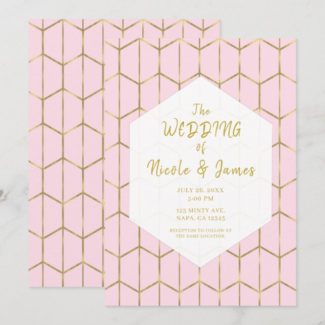 Invitation Boho Pink Hexagon Gold Mariage géométrique (Devant / Derrière)