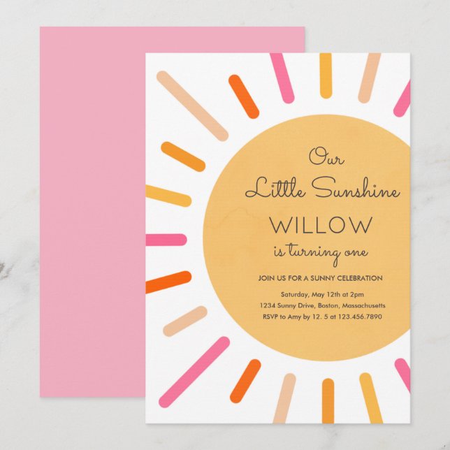 Invitation Boho Pink Notre Petit Soleil Fête Anniversaire (Devant / Derrière)