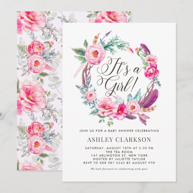 Invitation Boho Pink Peonies Wreath C'est une fille Baby show (Devant / Derrière)